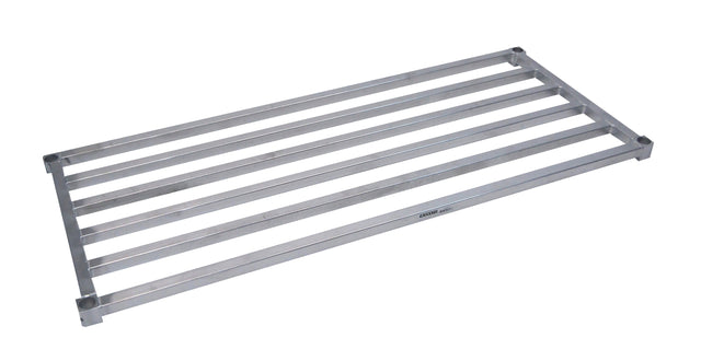 Rectangular metal rack with six evenly spaced horizontal bars and four raised corner supports, viewed at an angle on a white background. This heavy duty shelving is sturdy and ideal for holding or organizing various items.