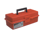 A rectangular, bright orange plastic toolbox with a black folding handle and front latch closure—ideal for organizing drive sockets or a retainer nut wrench. A white label with text and graphics is on the front. The toolbox is set against a plain white background.