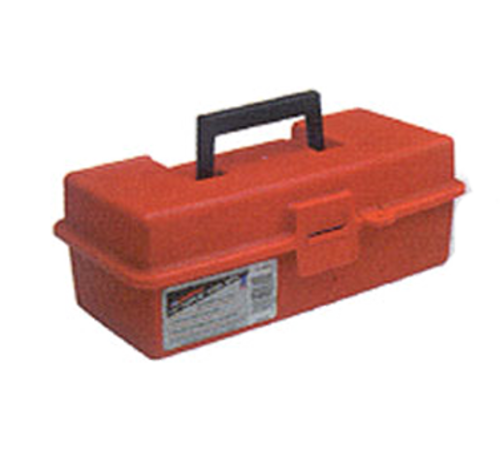 A rectangular, bright orange plastic toolbox with a black folding handle and front latch closure—ideal for organizing drive sockets or a retainer nut wrench. A white label with text and graphics is on the front. The toolbox is set against a plain white background.