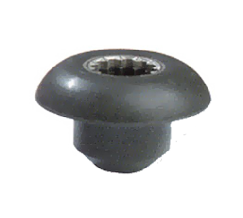 A close-up of a single, black, rounded bolt with a wide, dome-shaped head and a star-shaped socket in the center—ideal for security fastening—often found in Vitamix drive socket kit blender replacement parts, set against a plain white background.