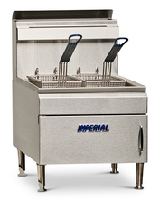 A stainless steel commercial deep fryer with a 25 lb. capacity and two metal baskets featuring black handles, standing on four legs. The front door has IMPERIAL in blue letters. Designed for restaurant or kitchen use, it includes a backsplash for convenience.