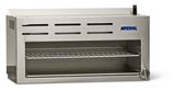 A commercial 304 stainless steel cheese melter broiler with a horizontal rack inside, vented top, and temperature control knob on the lower right. The “Imperial” brand name appears in blue on the upper right front panel.