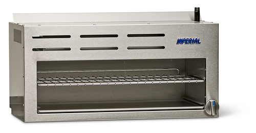 A Pro Series Cheese Melter crafted from 304 stainless steel, featuring a vented top, infra-red burner, control knob on the lower right, wire rack inside, and the blue IMPERIAL logo—perfect for professional kitchen use.