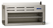A commercial 304 stainless steel cheese melter broiler featuring a horizontal grill rack inside, vent slots on top, and a control knob on the lower right. The IMPERIAL brand name is displayed in blue on the upper right front panel.