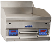 A high efficiency countertop gas griddle with a flat stainless steel cooking surface, infrared burners, raised back and side guards, digital control panels featuring red LED displays on both sides, and the Imperial brand name in blue on the front.
