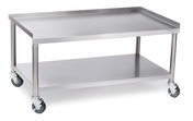 The IHEG-60S stainless steel Equipment Stand features four legs on caster wheels, a raised tabletop edge, and a lower flat storage shelf. Its clean metallic finish is perfect for industrial or kitchen use.