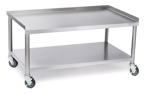 The IHEG-60S stainless steel Equipment Stand features four legs on caster wheels, a raised tabletop edge, and a lower flat storage shelf. Its clean metallic finish is perfect for industrial or kitchen use.