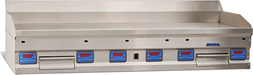 A stainless steel commercial kitchen station features a high efficiency 60 inch griddle with six digital blue-and-red control panels, two metallic drawers, and a raised backsplash. The wide, flat surface is ideal for food preparation or warming.