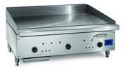 A stainless steel commercial countertop gas griddle with three control knobs, a blue digital display on the right, and the IMPERIAL logo on the front. The griddle features a smooth cooking surface, snap action thermostat, and sits on four short legs.