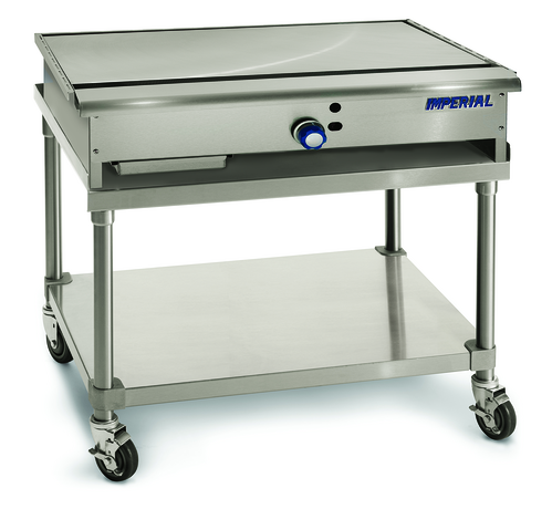 The IMPERIAL ITYS-24 is a stainless steel commercial griddle featuring a flat cooking surface, control knob, and grease tray. This unit includes an open lower shelf for storage, four caster wheels for mobility, and can be paired with an equipment stand.