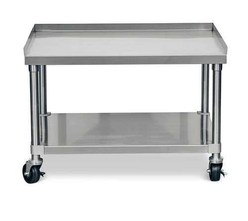 A 48" stainless steel stand with a flat top surface, raised edges on three sides, an open lower shelf, and swivel caster wheels—designed for easy movement and heavy-duty use in kitchens or workspaces like the Imperial ISAS-48 stand.