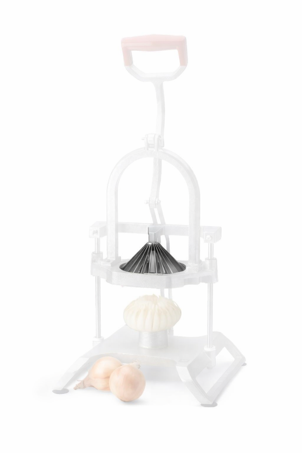 A metal kitchen tool with a handle and ridged pressing mechanism, likely from Vollrath, sits above a round bun. Two cloves of garlic lie in front. The high-key, overexposed image features soft outlines and minimal color.