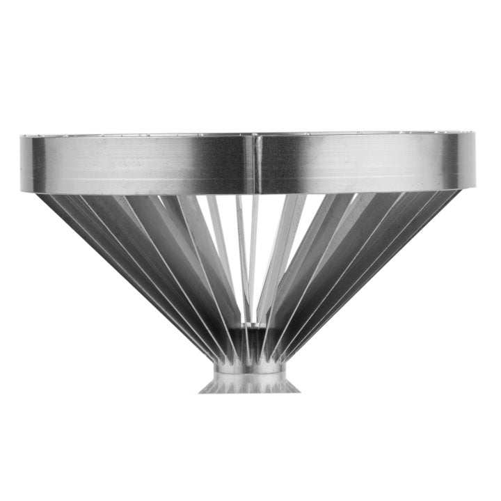 A symmetrical, metallic, cone-shaped Blade Assembly with evenly spaced slanted fins radiates outward from a central base. The top is flat and circular, while the bottom narrows to a small cylindrical base. The image is on a plain white background.
