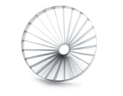 A circular metallic object, resembling a Vollrath blade assembly, features evenly spaced, thin radial spokes extending from a small central hole to the outer rim, creating a wheel-like pattern. The plain white background includes a subtle shadow beneath the object.