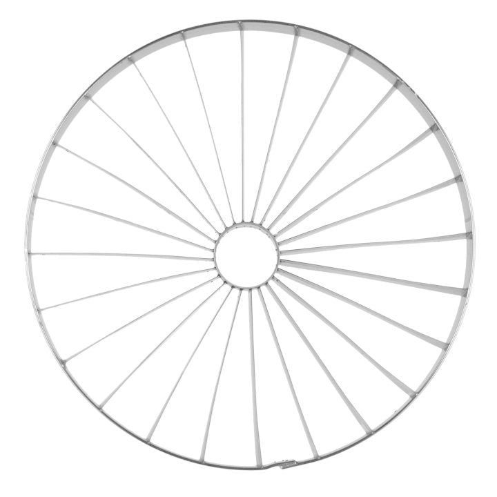 A metal wagon wheel with a circular rim and 20 evenly spaced spokes radiating from a central hub, reminiscent of the precision found in a Vollrath blade assembly. Photographed from above against a white background, its symmetrical structure stands out.