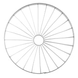 A metal wagon wheel with a circular rim and 20 evenly spaced spokes radiating from a central hub, reminiscent of the precision found in a Vollrath blade assembly. Photographed from above against a white background, its symmetrical structure stands out.