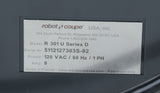 Close-up of a label on a Robot Coupe food processor, showing model R 301 U Series D, serial number 5112127303S-02, supply 120 VAC/60 Hz/1 PH, amp 9. Made in France. Includes company address and contact information at the top. This commercial food processor is designed for reliable use in professional kitchens.