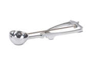 A shiny stainless steel Stockel Scoop with a round bowl and a squeeze handle mechanism featuring gears for easy release. The scoop is positioned on a white background, highlighting its reflective surface and simple design.