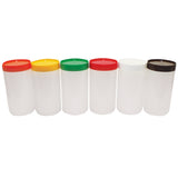 Six identical translucent plastic containers, each quart size, are arranged in a row. They feature color-coded caps—red, yellow, green, red, white, and black—from left to right. The background is plain white. Ideal as a PourMaster Backup Unit.