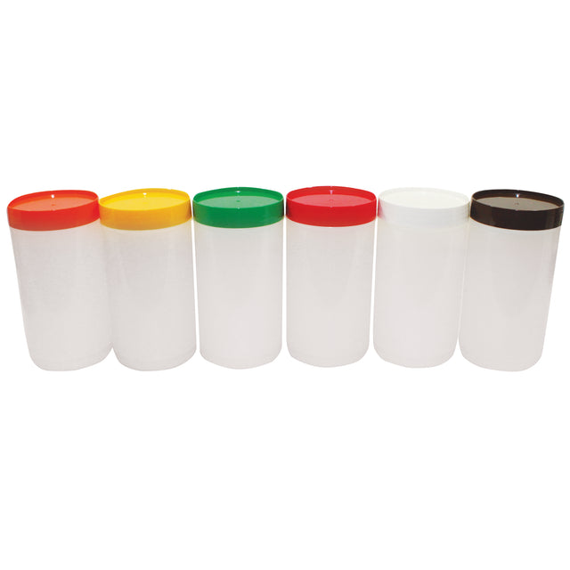 Six identical translucent plastic containers, each quart size, are arranged in a row. They feature color-coded caps—red, yellow, green, red, white, and black—from left to right. The background is plain white. Ideal as a PourMaster Backup Unit.