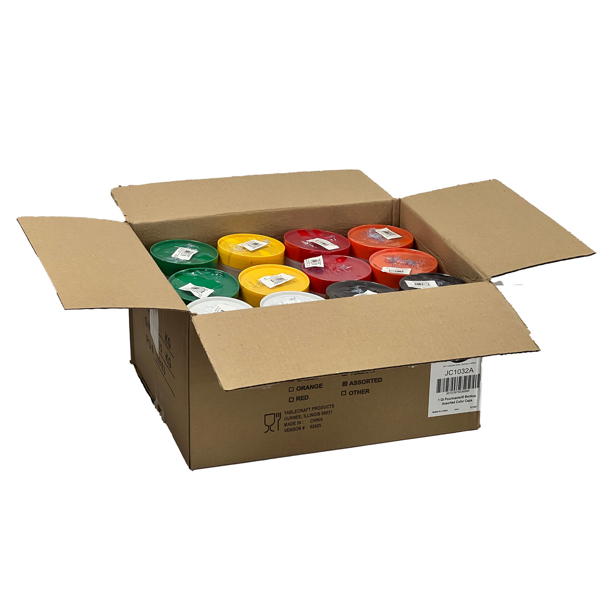 An open cardboard box contains several quart size plastic jars of paint with color-coded caps in red, orange, yellow, green, black, and white. Each jar has a white label on top. The box features a printed barcode and product information on the side.