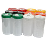 Twelve quart size clear plastic containers with color-coded caps in green, white, black, red, orange, and yellow are arranged in rows. Each PourMaster Backup Unit has a barcode sticker on the lid and is set against a white background.