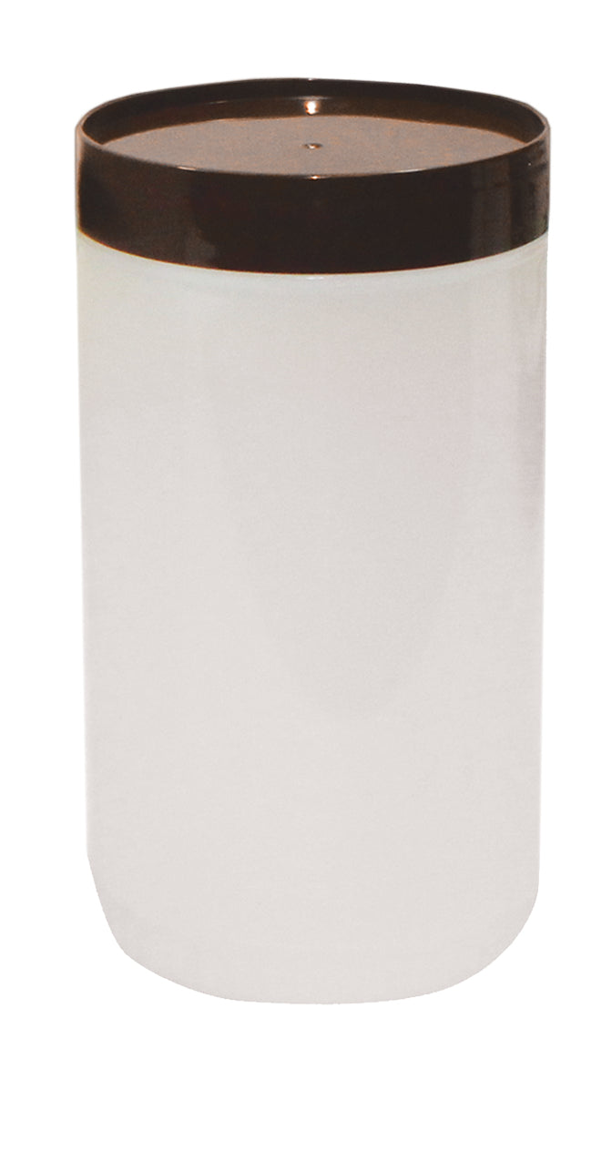 A plain, cylindrical polyethylene jar with a smooth surface is topped with a shiny brown lid. This TableCraft PourMaster Backup Mix Bottle stands upright against a white background, its glossy lid reflecting light subtly.