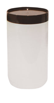 A plain, cylindrical polyethylene jar with a smooth surface is topped with a shiny brown lid. This TableCraft PourMaster Backup Mix Bottle stands upright against a white background, its glossy lid reflecting light subtly.