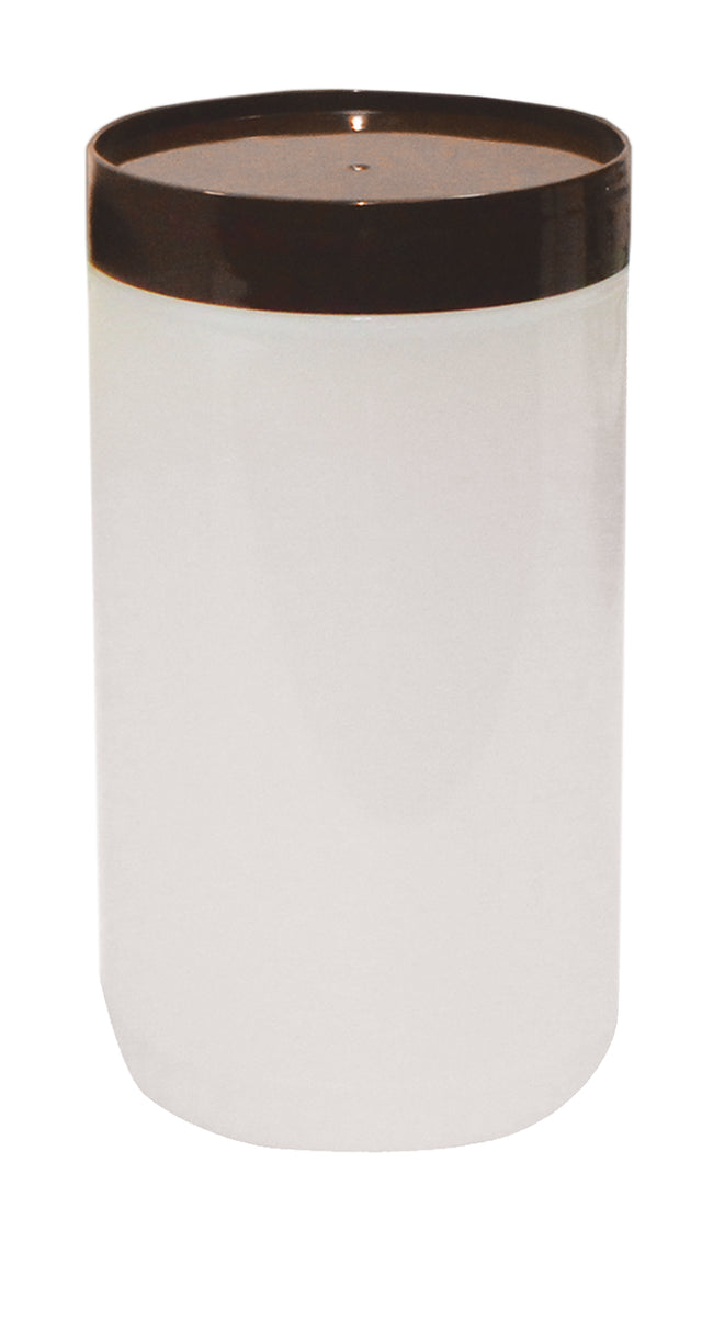 A plain, cylindrical polyethylene jar with a smooth surface is topped with a shiny brown lid. This TableCraft PourMaster Backup Mix Bottle stands upright against a white background, its glossy lid reflecting light subtly.