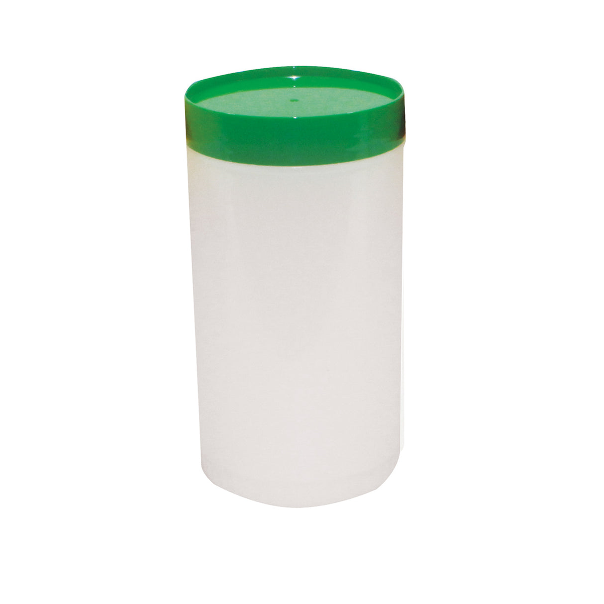 A plain, white, cylindrical polyethylene mix bottle with a bright green, flat, screw-on lid. The container, similar to the TableCraft JC1032GN PourMaster Backup Mix Bottle, is photographed against a white background with no visible labels or branding.
