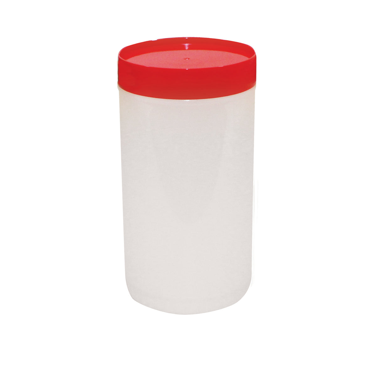 A clear, cylindrical polyethylene jar with a wide, bright red screw-on lid is shown against a plain white background. The container resembles the TableCraft Products PourMaster Backup Mix Bottle and has smooth sides with no labels or markings.