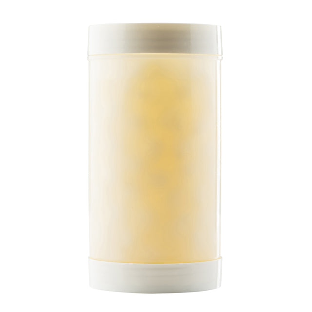 A tall, cylindrical PourMaster Backup Mix Bottle by TableCraft Products, featuring white opaque plastic ends and a translucent cream-colored 1 qt body, sits unmarked against a plain white background.