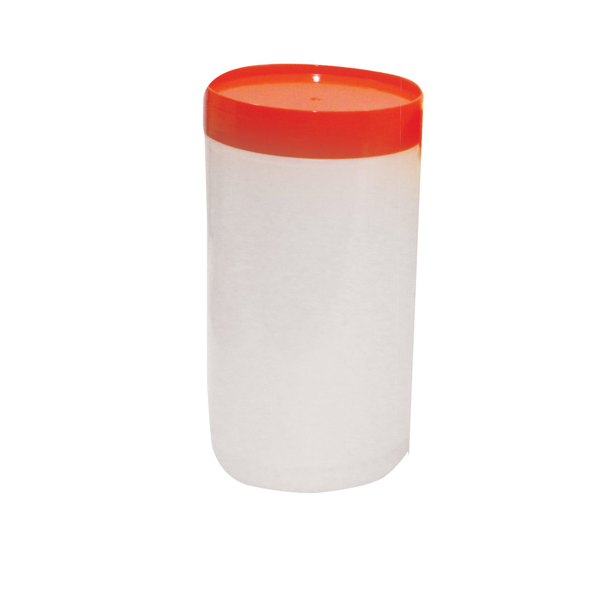 A clear, cylindrical polyethylene jar from TableCraft Products with a bright orange, opaque, snap-on lid is pictured against a plain white background. This empty PourMaster Backup Mix Bottle features smooth sides and slightly rounded edges at the base.