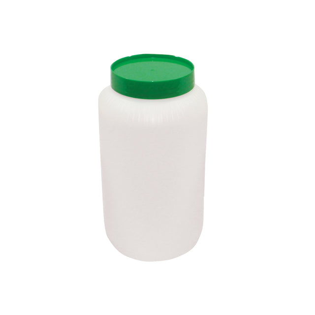 A plain white TableCraft 1/2 gallon mix bottle with a ribbed texture and a green screw-on lid, shown upright against a white background. The cylindrical PourMaster Backup Mix Bottle is unlabelled.