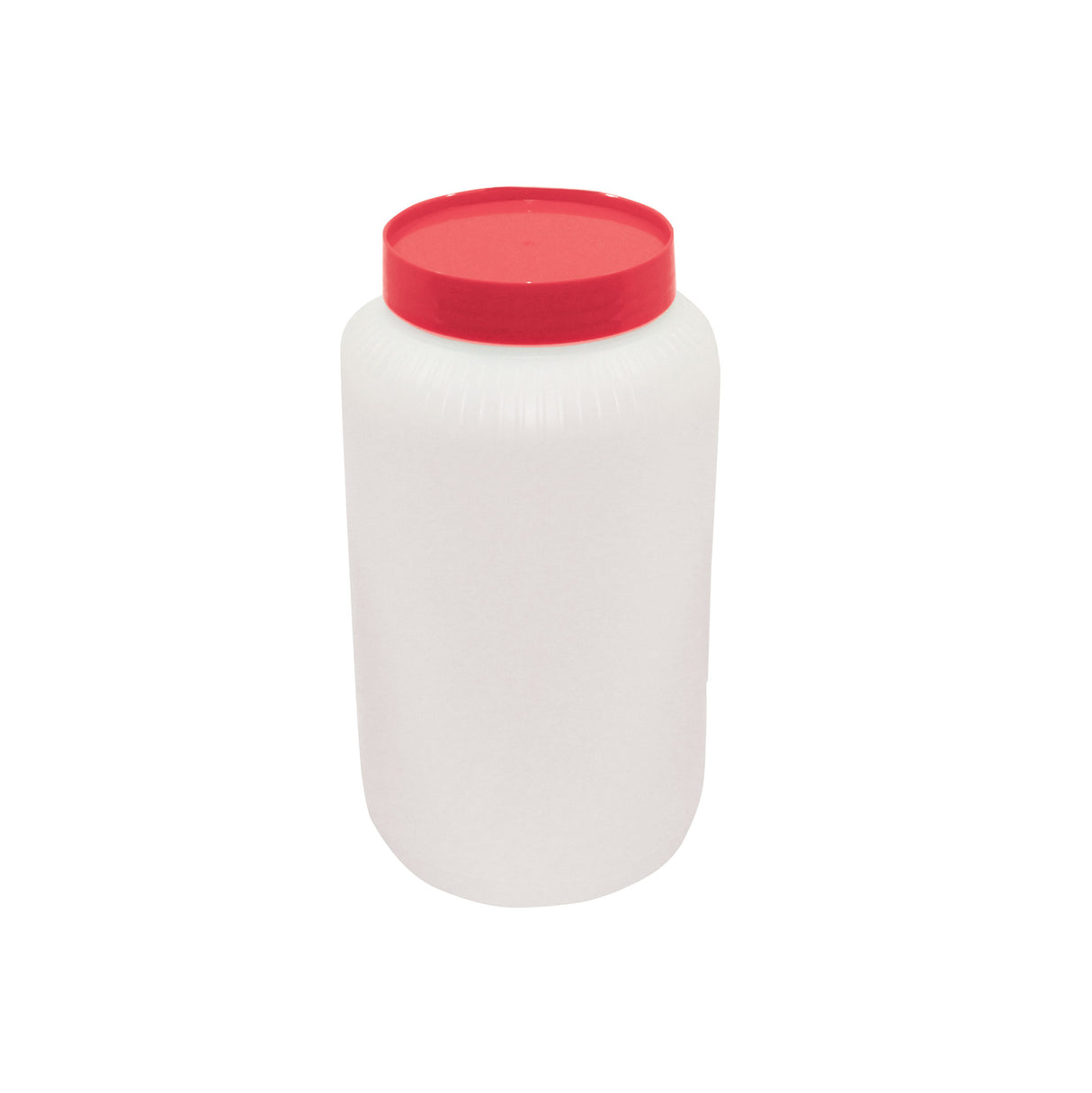 A plain, cylindrical 1/2 gallon polyethylene container with a wide body and a red screw-on lid, photographed against a white background. This simple, unlabelled PourMaster Backup Mix Bottle is ideal for storage of powders or dry goods.