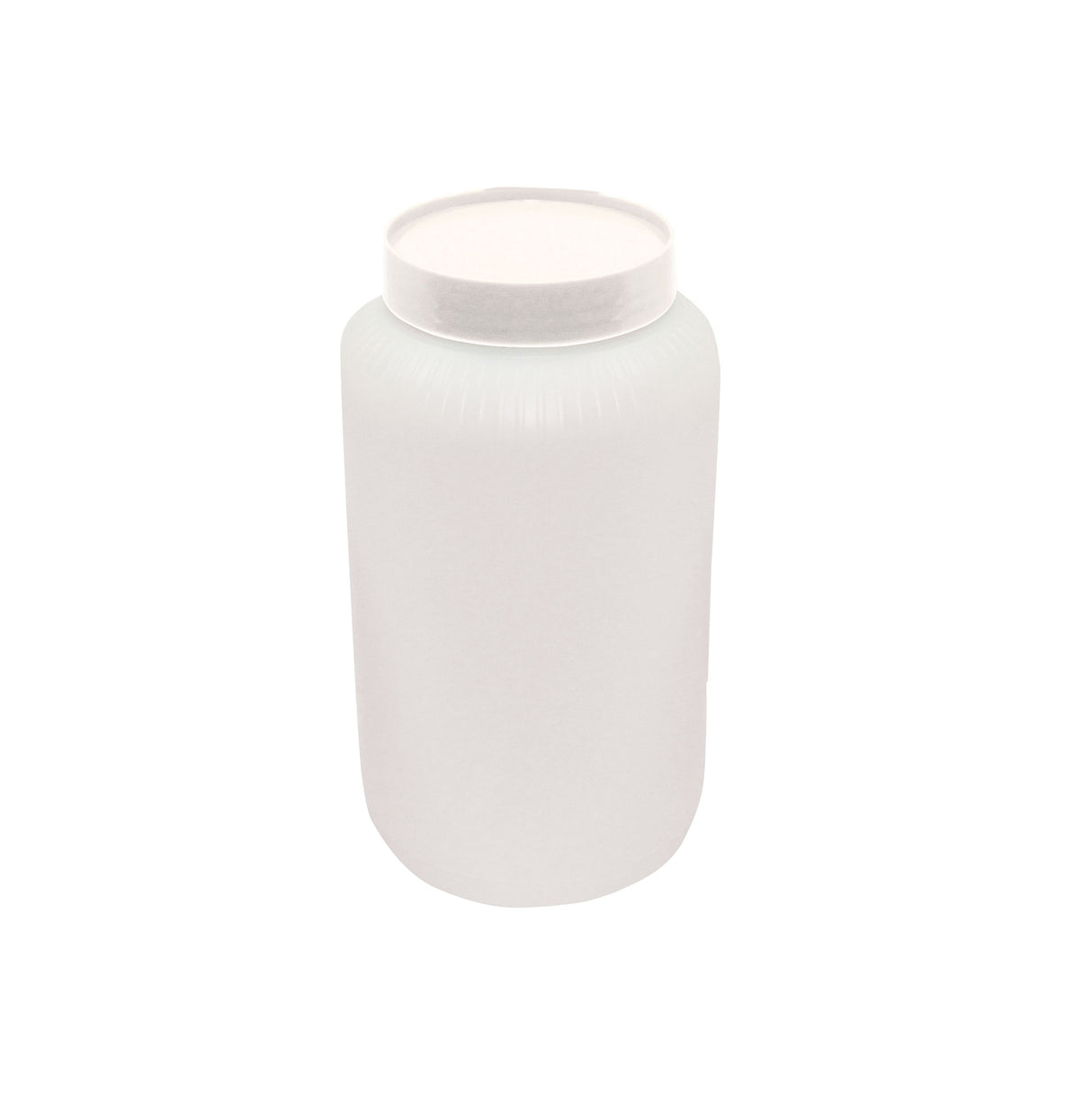 A plain, white, cylindrical TableCraft Products jar with a matching screw-on lid is centered on a white background. This unlabelled 1/2 gallon PourMaster Backup Mix Bottle has a slightly ribbed texture around the top for grip.