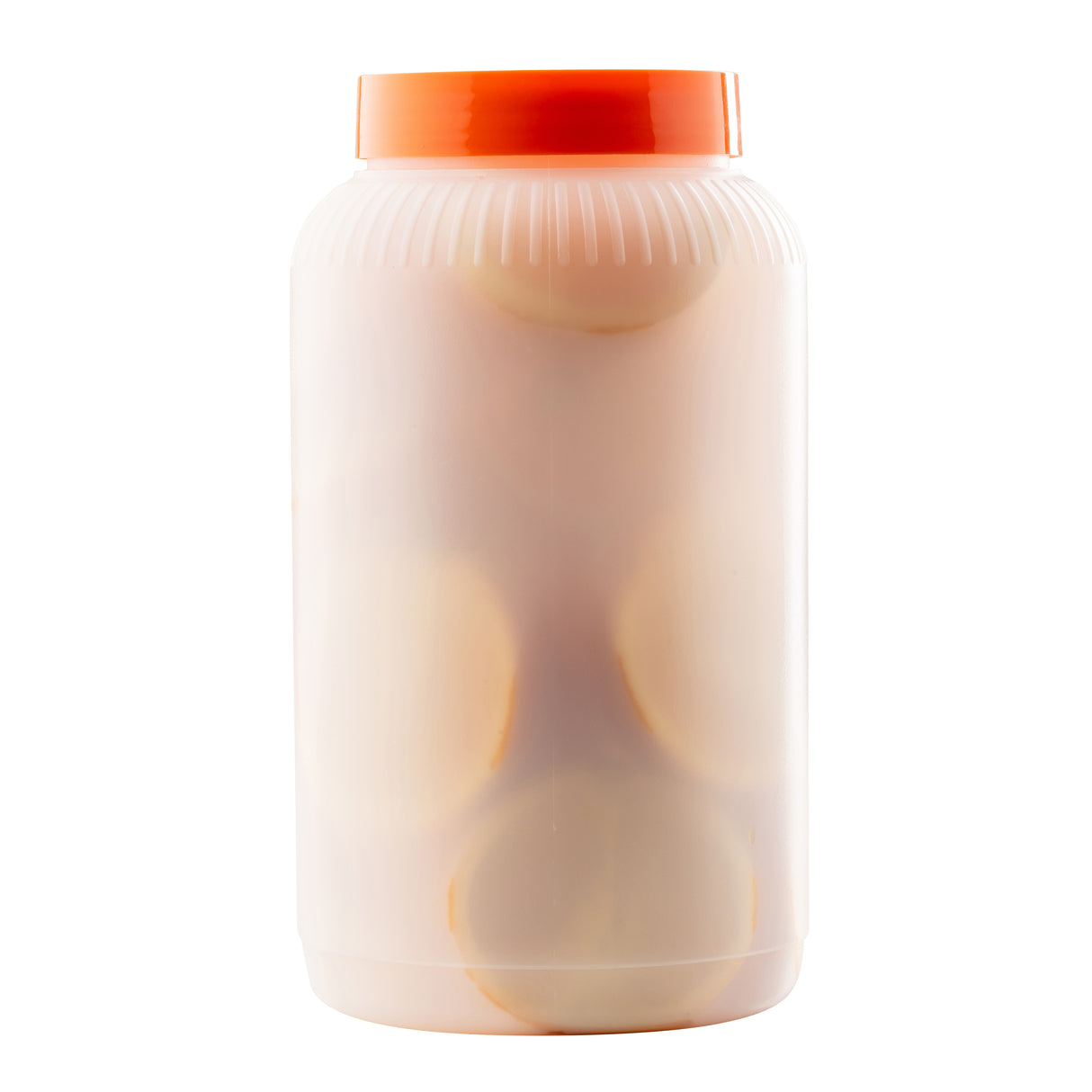A large, translucent 1/2 gallon polyethylene jar with an orange lid, filled with pale, round items—likely pickled eggs—in light brine. The contents are partially visible through the container; the background is plain white.
