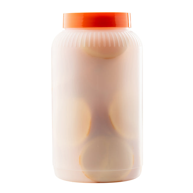 A large, translucent 1/2 gallon polyethylene jar with an orange lid, filled with pale, round items—likely pickled eggs—in light brine. The contents are partially visible through the container; the background is plain white.