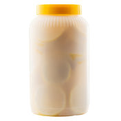 A large 1/2 gallon polyethylene bottle with a yellow lid, filled with round, light yellow slices in cloudy liquid, shown against a white background. The jar contents resemble pickled vegetables, possibly pickled radish or turnip.
