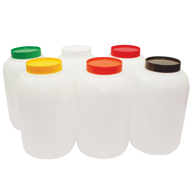 Six large, white, cylindrical PourMaster Backup Unit containers are grouped together, each with a different color-coded cap: green, yellow, white, red, orange, and black. These gallon size containers are plain and unmarked on a white background.