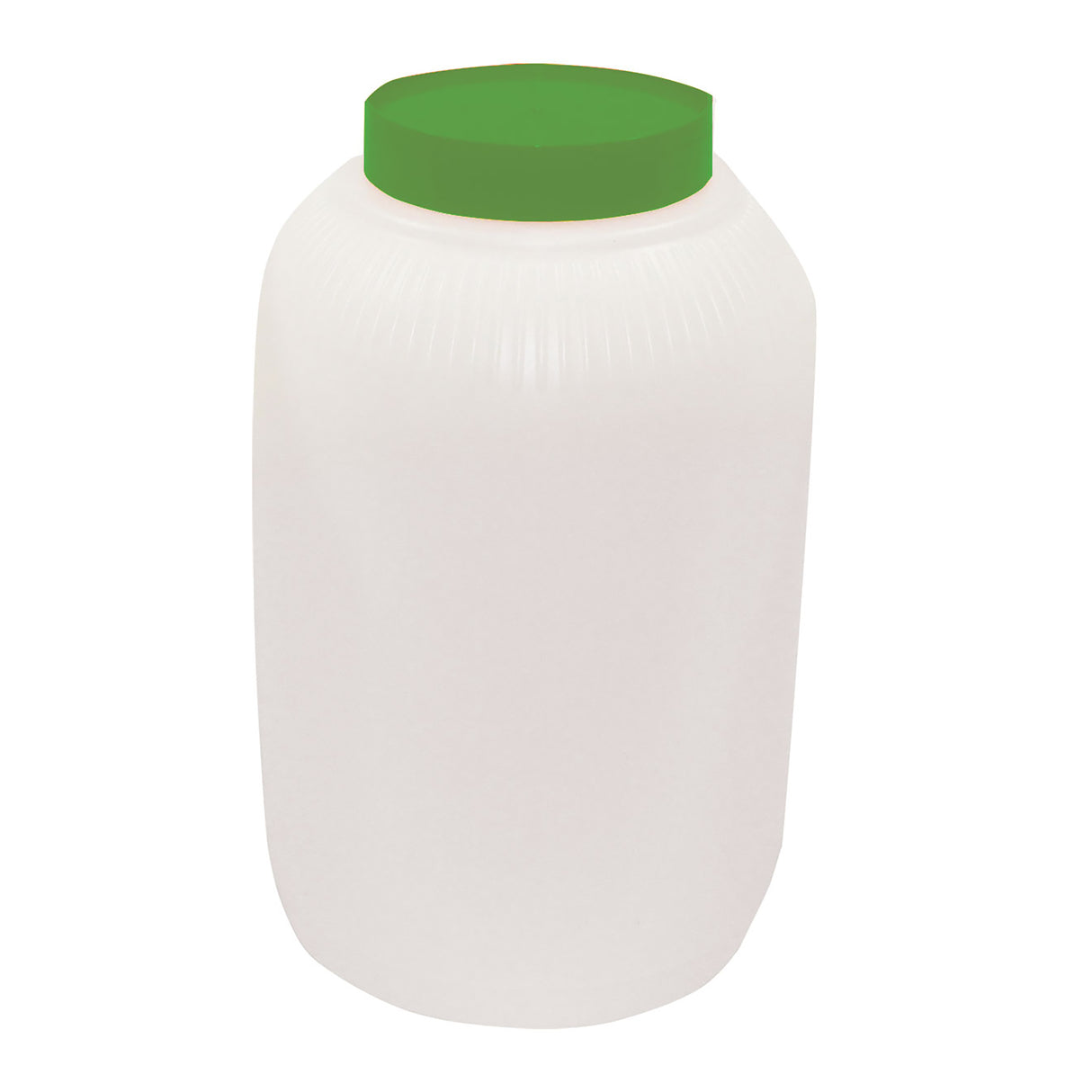 A large, translucent white plastic TableCraft PourMaster Backup Mix Bottle with a 1-gallon capacity. The jar is cylindrical with a wide mouth, ridged neck, and solid green screw-on lid. The plain white background makes it clearly visible.