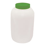 A large, translucent white plastic TableCraft PourMaster Backup Mix Bottle with a 1-gallon capacity. The jar is cylindrical with a wide mouth, ridged neck, and solid green screw-on lid. The plain white background makes it clearly visible.