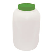 A large, translucent white plastic TableCraft PourMaster Backup Mix Bottle with a 1-gallon capacity. The jar is cylindrical with a wide mouth, ridged neck, and solid green screw-on lid. The plain white background makes it clearly visible.