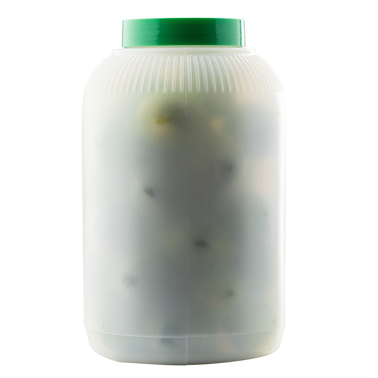 A large, translucent 1 gallon TableCraft jar with a green screw-on lid, filled with pickled green olives. The contents are visible through the semi-opaque container, set against a plain white background.