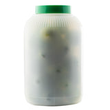 A large, translucent 1 gallon TableCraft jar with a green screw-on lid, filled with pickled green olives. The contents are visible through the semi-opaque container, set against a plain white background.