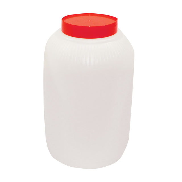 A large, translucent white TableCraft PourMaster Backup Mix Bottle, 1 gallon capacity, with a wide body and bright red screw-on lid. The cylindrical jar features slight ribbing around the top and stands upright against a plain white background.