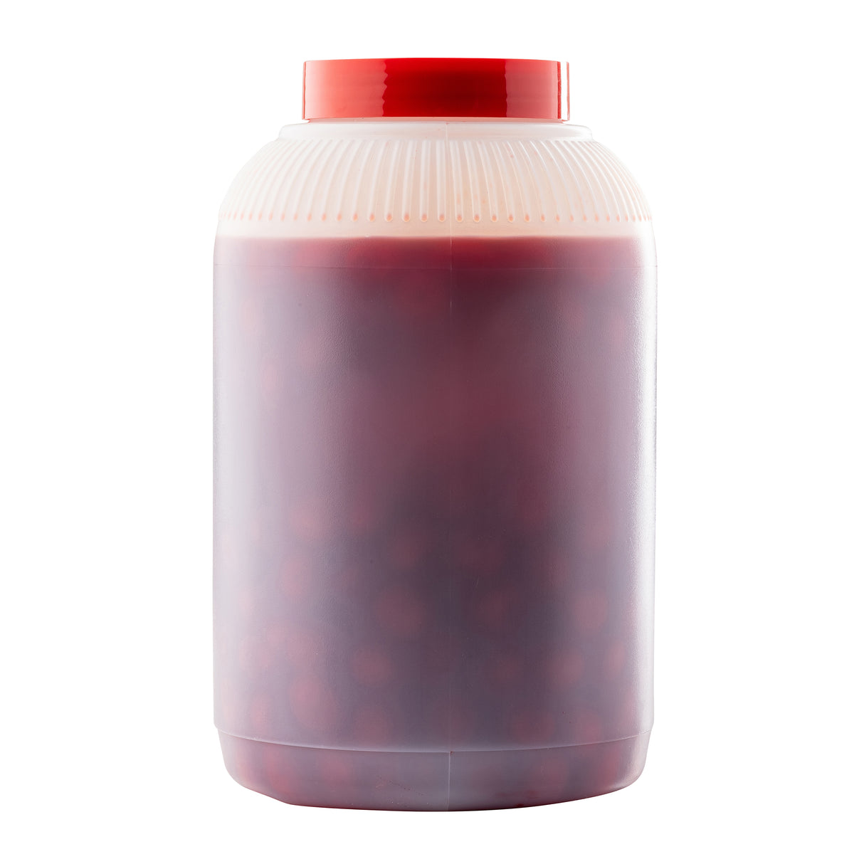 A large, translucent TableCraft PourMaster Backup Mix Bottle, 1 gallon size with a red lid, is filled with red, round objects—likely cherries or berries in syrup—set against a plain white background. The contents are partially visible through the container.