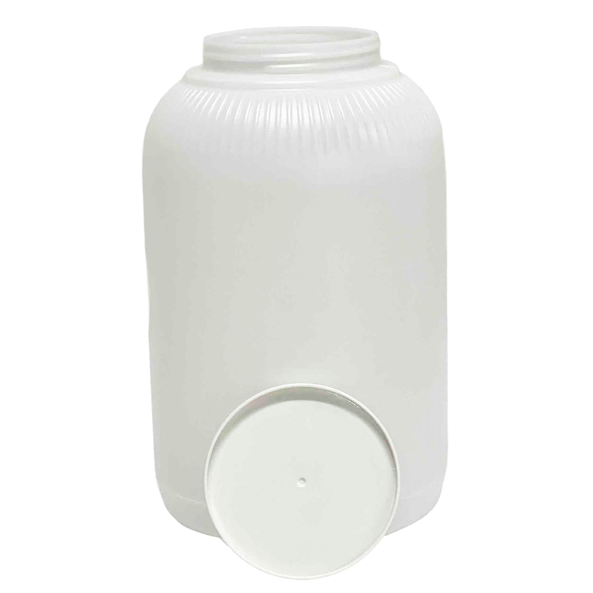 A large, white, ribbed TableCraft 1 gallon plastic jar with a wide mouth is shown standing upright. The matching white lid is placed in front of the jar, leaning against it. The background is plain and white.