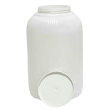 A large, white, ribbed TableCraft 1 gallon plastic jar with a wide mouth is shown standing upright. The matching white lid is placed in front of the jar, leaning against it. The background is plain and white.