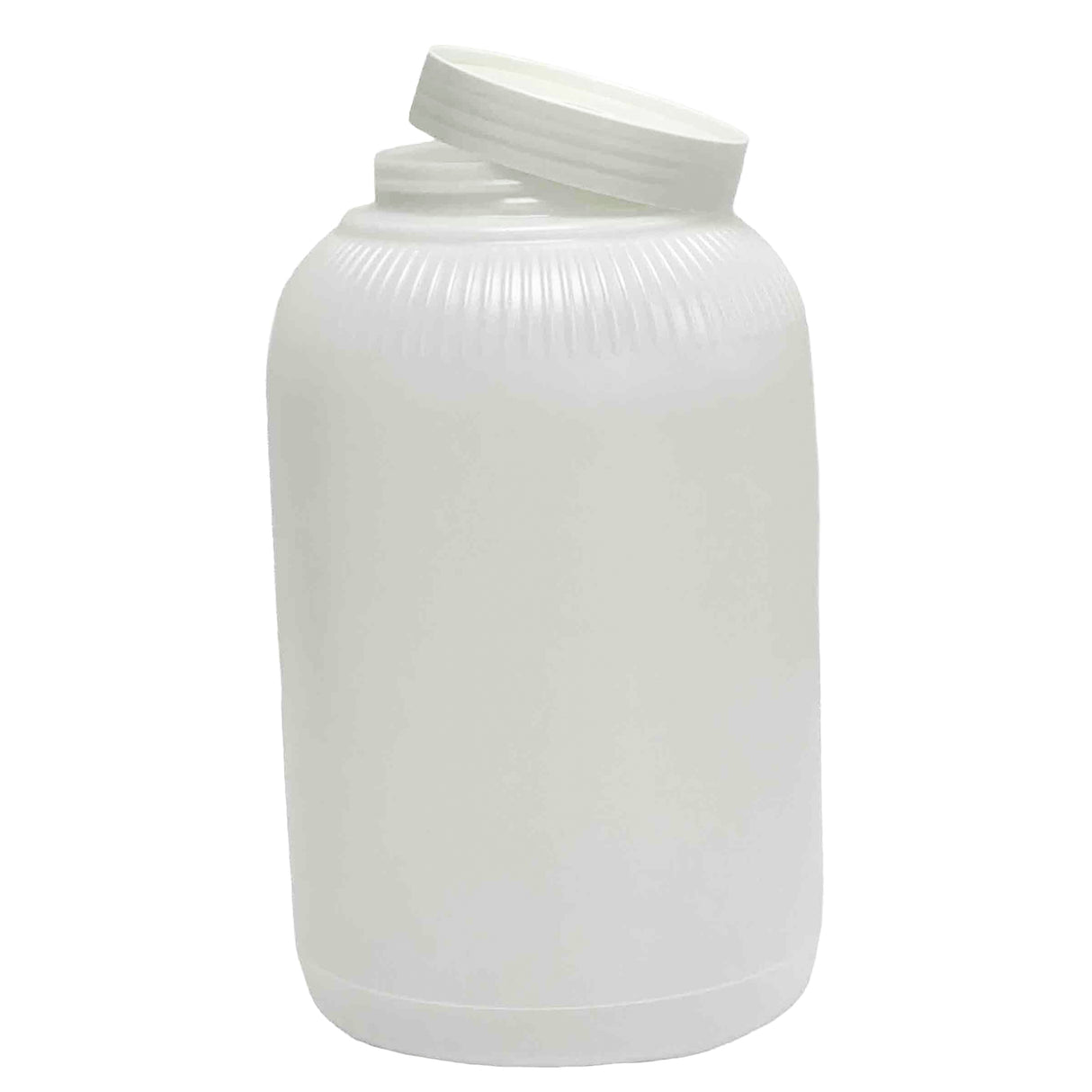 A large, plain white plastic TableCraft PourMaster Backup Mix Bottle with a 1 gallon capacity and a screw-on lid, slightly tilted and partially open. The cylindrical container features a ribbed upper section and smooth sides, set against a plain white background.